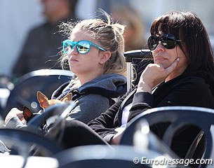 Morgan Barbançon Mestre with two of her Chihuahuas and mom Carmen watching the Grand Prix