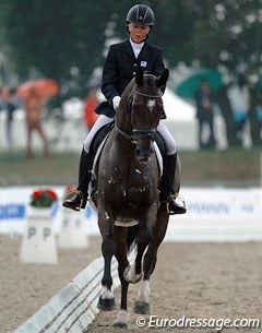 Finnish Tuija Tuominen on Fee Clochette Carrus (by San Amour x Davignon II). This dark bay mare is a big powerful mover with a strong cadence but was still unbalanced in her work.