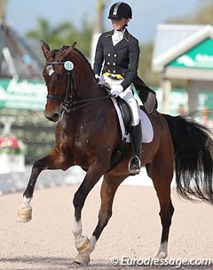 Laura Graves on Verdades. The bay KWPN gelding showed amazing sit in the pirouettes but struggled with the rhythm and balance in the piaffe