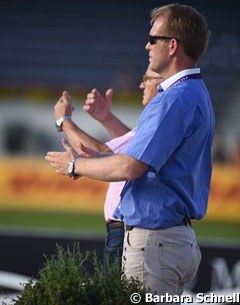 Oliver Oelrich and Jurgen Koschel giving instructions to the Under 25 quadrille that performed in Aachen at the 2015 European Championships