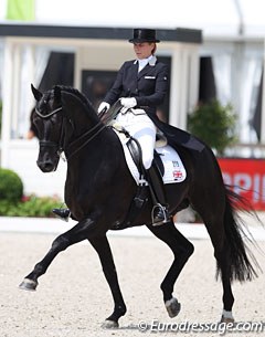 Susan Pape and Don Nobless performed below par in Rotterdam. The black stallion was not in front of his rider's aids (due to the heat?) and could not stayed closed in the frame and sharp on the aids. Pity 