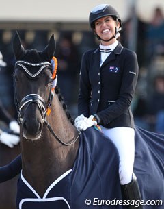 A beaming Simone Pearce on Feodoro during the prize giving ceremony