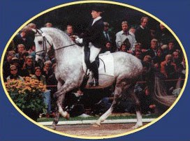 Stephanie Meyer-Biss on Gottfried Hoogen's Trakehner stallion Enim Pascha at the 1996 Bundeschampionate