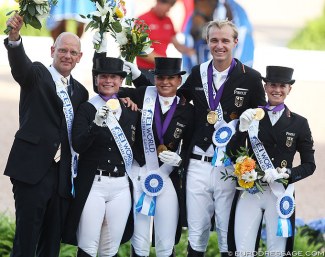 The German team wins gold: Team caption Klaus Roeser with Werth, Schneider, Rothenberger, and Von Bredow-Werndl :: Photo © Astrid Appels