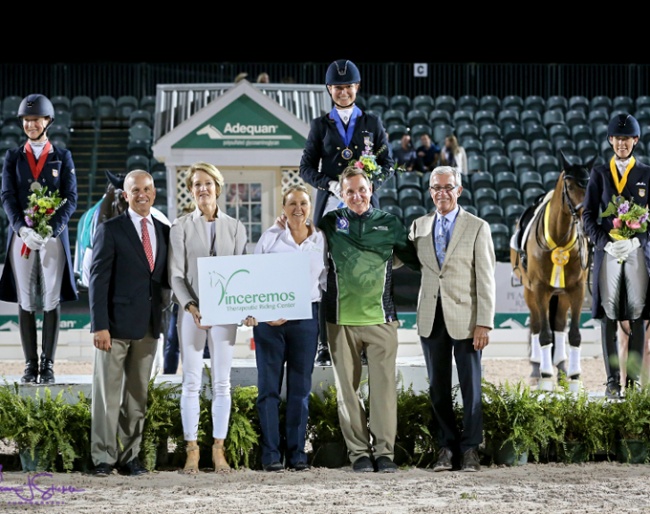 Medalists Adrienne Lyle, Sabine Schut-Kery and Olivia LaGoy-Weltz with US Equestrian President Murray Kessler, Arlene ‘Tuny’ Page, Ruth Menor, Allyn Mann of Adequan and judge Gary Rockwell.