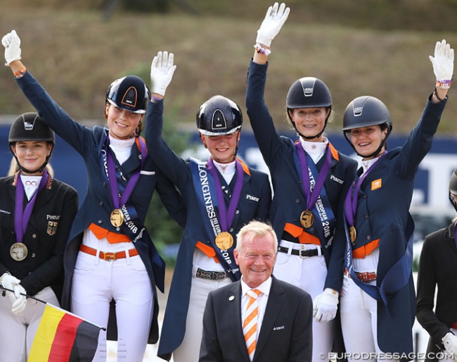 Team Holland with Daphne van Peperstraten, Milou Dees, Kimberly Pap and Thalia Rockx win team gold at the 2018 European Junior Riders Championships :: Photo © Astrid Appels