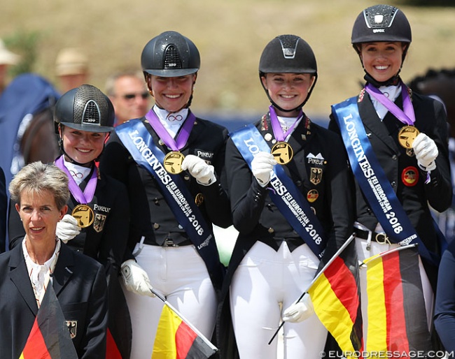 Germany with Holzknecht, Westendarp, Rothenberger and Welschof win team gold at the 2018 European Young Riders Championships :: Photo © Astrid Appels