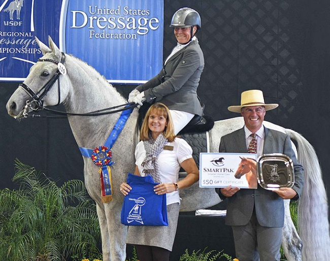 Hilda Gurney and Lotta Silver celebrate their win in the Fourth Level Freestyle on the first day of the 2018 California Dressage Society Championship Show in Burbank :: Photo © Jennifer Keeler