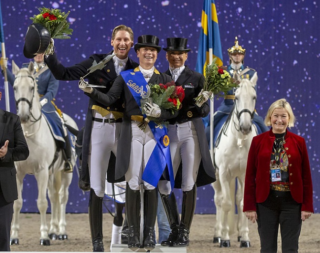 The top three in the freestyle at the 2018 CDI Stockholm - Kittel, Werth, Schneider - flanked by Swedish judge Annette Fransen-Iacobaeus :: Photo © Ronald Thunholm