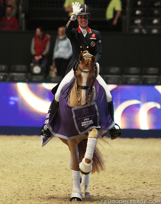 Charlotte Dujardin won the Short Grand Prix at the 2019 CDI-W London. She rode the prize giving in Gio :: Photo © Astrid Appels