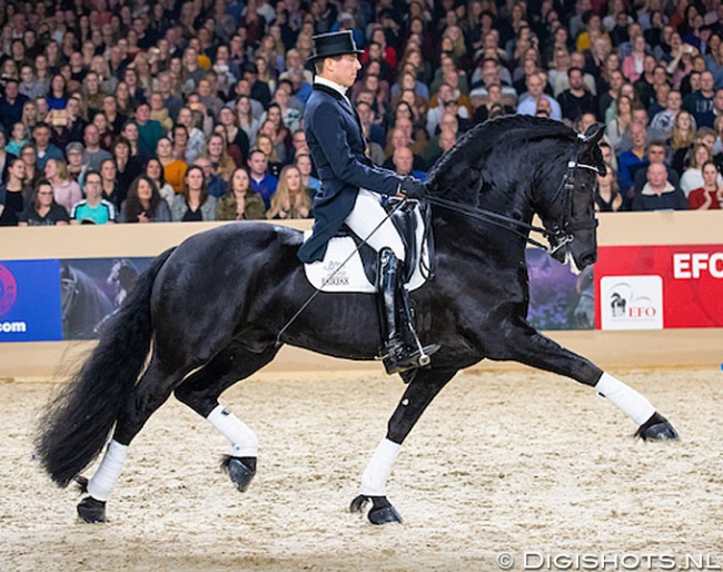 Marc-Peter Spahn and Horse of the Year Elias 494 in front of a sell-out crowd at the 2020 Friesian Stallion Licensing in Leeuwarden :: Photo © Digishots