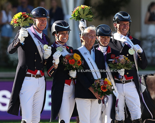 Team gold for Great Britain at the 2023 European Championships: Gareth Hughes, Charlotte Dujardin, team captain Caroline Griffith, Charlotte Fry and Carl Hester :: Photo © Astrid Appels