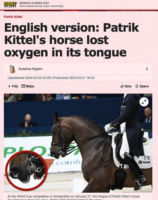 Aftonbladet's article of 21 March 2024 on blue tongues in international dressage sport 