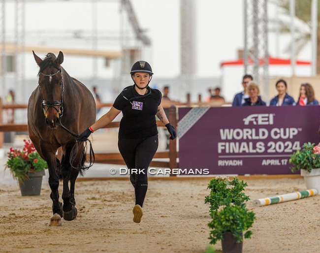 Lithuanian Justina Vanagaite and Nabab trotting up in the horse inspecton at the 2024 World Cup Finals in Riyadh :: Photo © Dirk Caremans