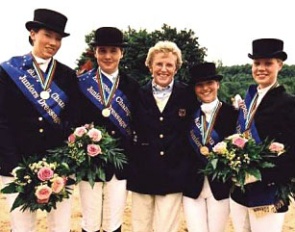 The 2001 German Junior Riders Team: Lena Torloxten, Dirk Viebrock, Madeleine Winter-Schulze (chef d'equipe), Kira Kröncke, Juliane Brunkhorst