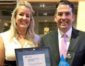  First Point Animal Services Managing Director Chris Burke and Dr Amy Little from the Dept of Agriculture and Water Resources who nominated First Point for the Award