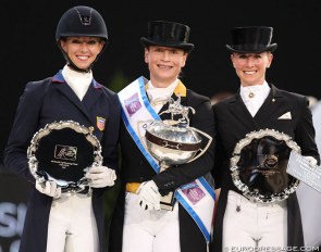Laura Graves, Isabell Werth and Jessica von Bredow-Werndl on the podium at the 2018 World Cup Finals :: Photo © Astrid Appels