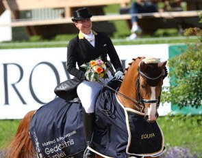 Huge smile on Isabell Werth's face on her winning come back with Bella Rose at the 2018 CDI Fritzens :: Photo © Astrid Appels