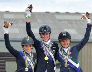 The individual test podium at the 2018 European Pony Championships before the recalculation: Jana Lang, Moritz Treffinger, Alexander Yde Helgstrand :: Photo © Equitaris