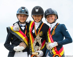 Julie Opsomer, Maite Colling and Lana de Caluwe on the children's podium at the 2018 Belgian Dressage Championships :: Photo © Digishots