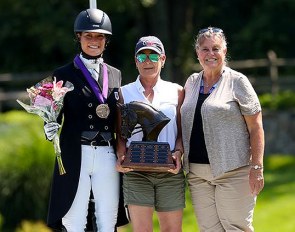 The Dressage Style Award and The Fiona Baan Memorial Trophy recipient Callie Jones with Roberta Williams (center), USDF FEI Junior and Young Rider Committee Chair, and Katherine Robertson, USDF Education Department Manager (right)  :: Photo © Sue Stickle