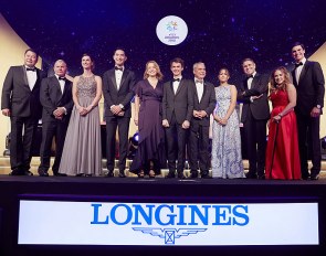 FEI Awards winners (L to R): Philip Wong 8CHN), Lee McKeever (USA), Simone Blum (GER), Alex Hua Tian (CHN) FEI Secretary General Sabrina Ibanez (SUI)m Victor Levecque (FRA), FEI President Ingmar De Vos (BEL), Leila Malki (PLE), Juan Carlos Capelli Vice President of Longines and Head of International Marketing, Natasha Baker (GBR), Juan Matute Guimon (ESP) 