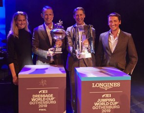 Yvonne Losos de Muniz, Peder Fredricson, Patrik Kittel and Lorenzo de Luca at the draw for the 2019 World Cup Finals Grand Prix