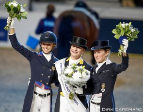 The 2019 World Cup Finals podium: Laura Graves, Isabell Werth, Helen Langehanenberg :: Photo © Dirk Caremans