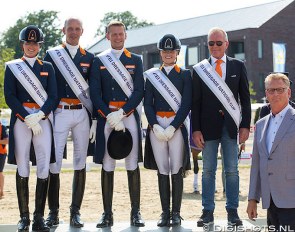 Team Holland with Scholtens, Minderhoud, Gal and Meulendijks win the 2019 CDIO Geesteren Nations Cup. Team captain Alex van Silfhout and sponsor Lens Nekeman flank them :: Photo © Digishots
