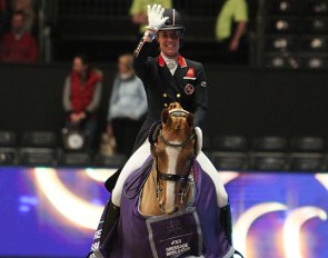 Charlotte Dujardin won the Short Grand Prix at the 2019 CDI-W London. She rode the prize giving in Gio :: Photo © Astrid Appels