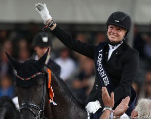 Ann-Christin Wienkamp winning gold at the 2017 World Young Horse Championships :: Photo © Astrid Appels