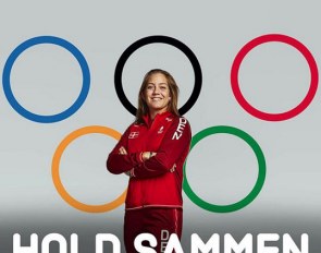 Danish Olympian Cathrine Dufour posing in front of the "Social Distancing" Olympic logo that was featured on social media a week ago