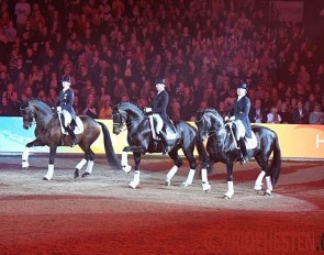 Nathalie zu Sayn-Wittgenstein on Blue Hors Zee Me Blue, Anne Van Olst on Diego and Andreas Helgstrand on Ferrari OLD at the gala show at the 2020 Danish Warmblood Stallion Licensing in Herning on 6 March :: Photo © Ridehesten