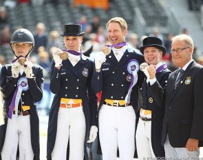 The Swedish team with Juliette Ramel, Antonia Ramel, Patrik Kittel, Therese Nilshagen, and team captain Bo Jena won bronze at the 2019 European Dressage Championships :: Photo © Astrid Appels