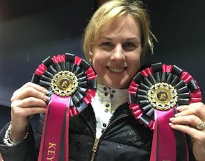 Irish Heike Holstein proudly showing the ribbons she won at Keysoe in 2019