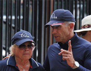 Michel Assouline speaks with Karin Flint at the 2020 National Championships.owner of Dolton ridden by Number one Para-Dressage rider in the world Roxanne Trunnell :: Photo by Lindsay Y. McCall