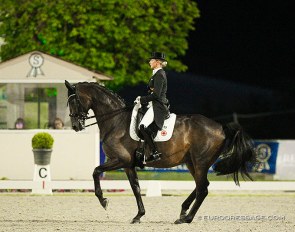 Jessica von Bredow-Werndl and Dalera BB competing under floodlight at the 2020 CDI Hagen :: Photo © Astrid Appels