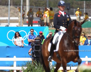 Owner Jane de la Mare watching Carl Hester compete Nip Tuck at the 2016 Rio Olympics. Carl's life partner Ben Neal and team manager Richard Waygood as well as team mate Fiona Bigwood stand in the box too