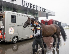 Belgian team rider Domien Michiels and Intermezzo van het Meerdaalhof arrive at Liege airport after pre-quarantine in Aachen :: Photo © Leanjo de Koster