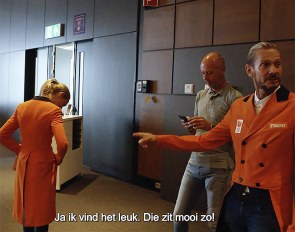Dinja van Liere, Hans Peter Minderhoud and Edward Gal trying on the new orange tails for the 2021 Olympics :: screen shot