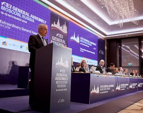 FEI President Ingmar de Vos addressing the audience in his opening speech at the 2019 FEI General Assembly :: Photo © Liz Gregg