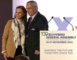 Maribel Alonso and FEI president Ingmar de Vos at the 2021 FEI General Assembly in Antwerp