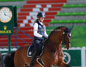 Maree Tomkinson schooling Diamantina at the 2014 World Equestrian Games :: Photo © Astrid Appels