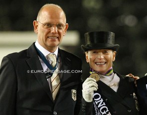 IDRC secretary-general Klaus Roeser and IDRC president on the podium at the 2017 European Dressage Championships