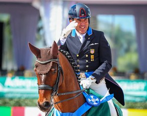 Cesar Parra salutes the crowds at the 2020 Global Dressage Festival in Wellington :: Photo © Sue Stickle