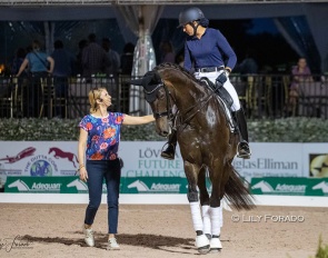 Jessica von Bredow-Werndl gives a masterclass at the 2022 CDI Wellington and shares here wisdom and experience with Ali Potasky and the audience :: Photo © Lily Forado