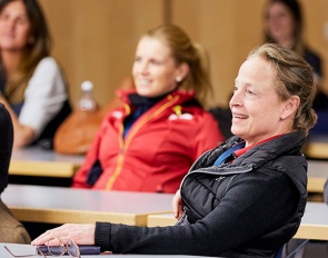 Defending champion Isabell Werth from Germany (right), and German star Jessica von Bredow-Werndl (background left) at the draw for the Short Grand Prix at the 2022 World Cup™ Final in Leipzig (GER). They will go head to head for the title :: Photo © Liz Gregg