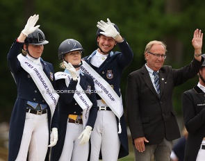 Antonia Ramel, Juliette Ramel and Patrik Kittel joined by Swedish chef d'equipe Bo Jena on the podium at the 2022 CDIO Compiègne :: Photo © Astrid Appels