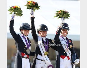 Charlotte Fry, Jessica von Bredow-Werndl and Charlotte Dujardin on the Kur podium at the 2023 European Dressage Championships :: Photo © Astrid Appels