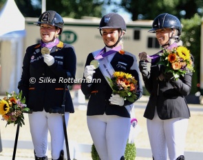 The individual Grade IV podium with Sanne Voets, Demi Haerkens and Manon Claeys at the 2023 European Para Dressage Championships :: Photos © Silke Rottermann